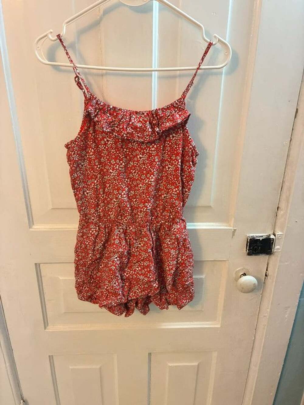Abercrombie & Fitch red floral romper with white floral print, size 11/12